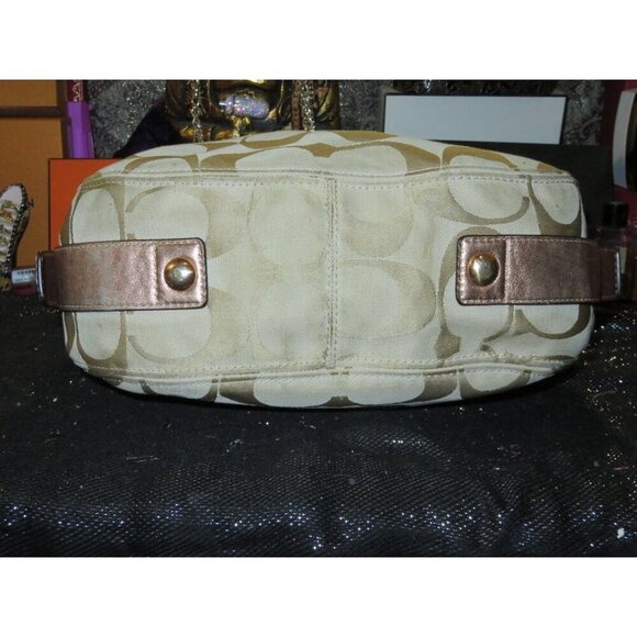 Coach 09 Zoe Signature Canvas Jacquard Khaki & HTF Rose Gold Hobo Handbag 12674 - Picture 8 of 15
